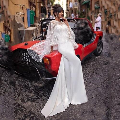 Mermaid Wedding Dresses With Cape O Neck Satin Boho Bridal Gowns Elegant White Ivory Vestido De Novia Custom Made Sweep Train