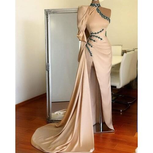 Arabic One Shoulder Mermaid Evening Dress Formal Party Gowns Side Slit Ruffles Satin Beaded Prom Gowns