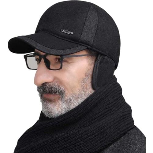 Auturnn Warm Mens Winter Wool Baseball Cap Ear Flaps Fashion Snapback Hat Thicken Cotton Fitted Cap Gorra Hombre Trucker Dad Cap