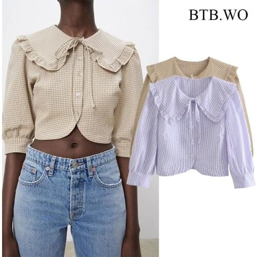 BTB.WO Za 2021 Women New Laminated Decoration Shirt Slim Drawstring Pullover Fashion Retro Chic Ruffles Blusas Tops