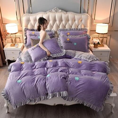 Purple-grey coral velvet double-sided velvet household duvet cover four-piece set