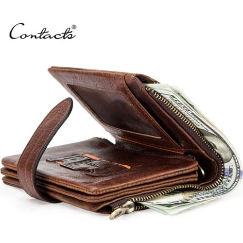 CONTACTS Luxury Brand Men Wallet Genuine Leather Bifold Short Wallet Hasp Casual Male Purse Coin Multifunctional Card Holders