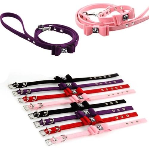 Soft Flocking Leather Puppy Dog Collar and Leash Lead Set Luxurious Diamante Bowknot Charm Small Medium Dogs Walking Accessories