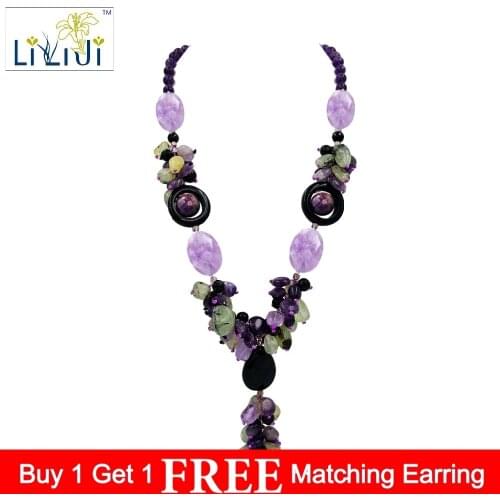 Natural Stone Amethysts,Prehnites,Black Agates with jades Toggle Clasp Necklace Fashion Women Jewelry