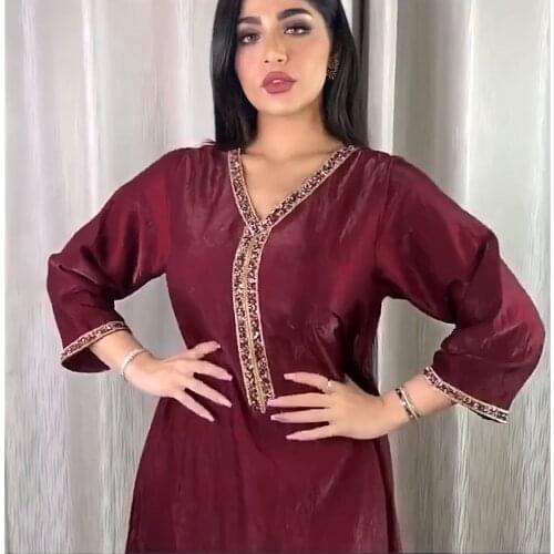 New Fashion Dubai Abaya Diamond Ribbon V Neck Muslim Arabic Robe Jalabiya Long Sleeve Maxi Dress for Women Autumn 2021 Red Color