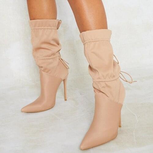 Solid Pleated Lace Sexy Short Booty for Women Pointed Toe Slip on High Heel Ankle Boots Autumn Winter Spring