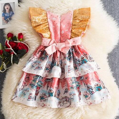 Summer Golden Sequined Sleeve Princess Dress Up For Girls Cartoon Printed Knee-Length Cloth For Children Pink Bow O-neck Costume