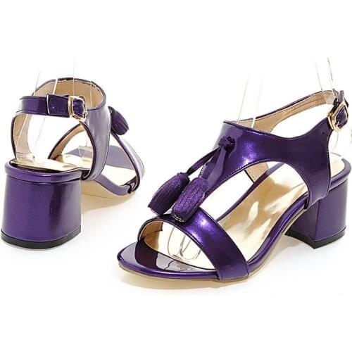 PQECFS Big size 31-43 high quality hot sale summer fashion women solid tassel med heels t-strap sandals 4 colors