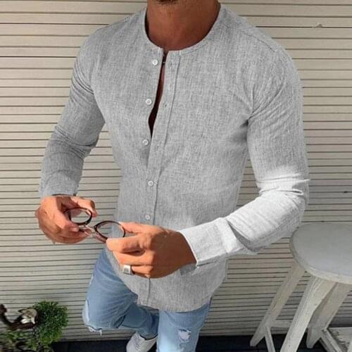Round neck linen solid color mens shirt Long sleeve Casual shirts