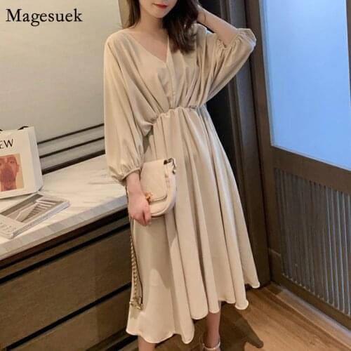 Elegant Puff Sleeve Red Long Dress Women Summer Robes V Neck Loose Chiffon Dress Party Casual Elastic Waist Woman Dresses 14517