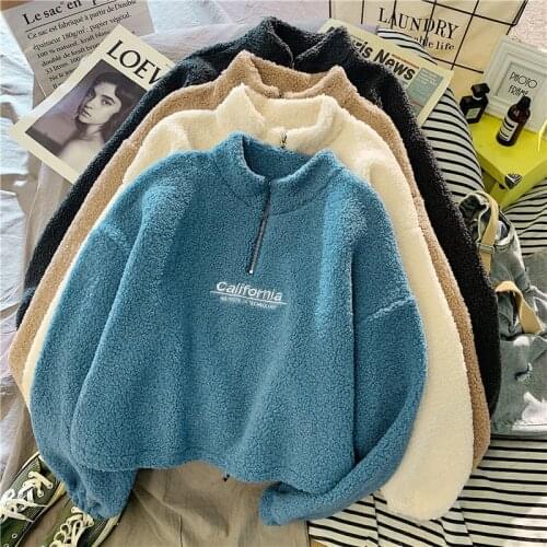 Woolen Oversize Hoodies Fur Crop Top High Waist Letter Hoodies Zip Up E Girl Warm Cloth Solid Color Y2K Fluffy Hoodies Top Plus