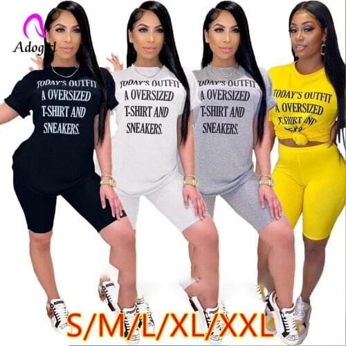Tracksuit Women 2 Piece Sets Summer Letter Print T-Shirts+ Biker Shorts Suit Set Club Party Sportswear 2 Pcs Casual Home Outfits