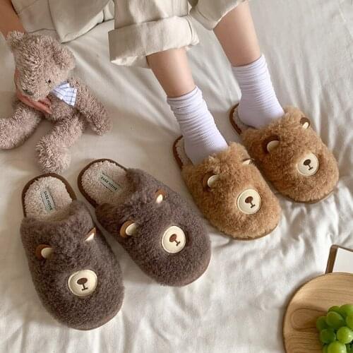 Cotton Slippers Mens Cartoon Bear Antiskid Wear-resistant Warm Thick Bottom Domestic Couple Plush Slippers Mens Winter