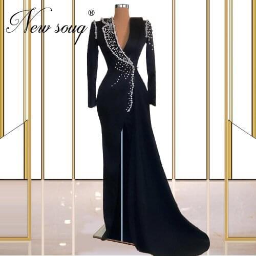 Navy Blue Long Sleeves Evening Dresses For Weddings Formal Cermony Dress Saudi Arabia Women Beaded Party Dress Robe De Soiree