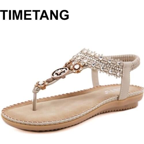 TIMETANG Womens Flat Sandals Water drill flower Non Slip Flat Shoes Wood Bead Elastic Band Solid Color Leisure Summer Sandals