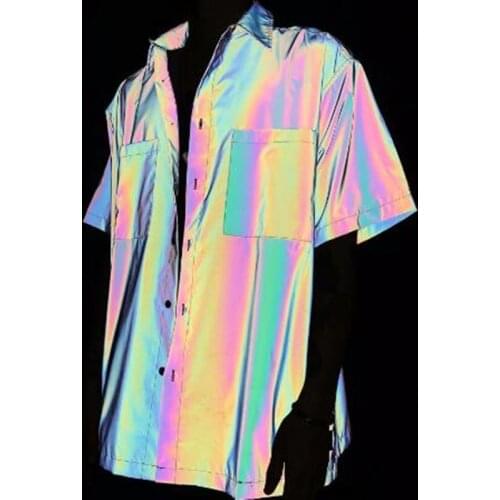 Spring summer casual rainbow reflective shirts men short sleeve shirt street hip hop punk blouse man colorful reflective tops
