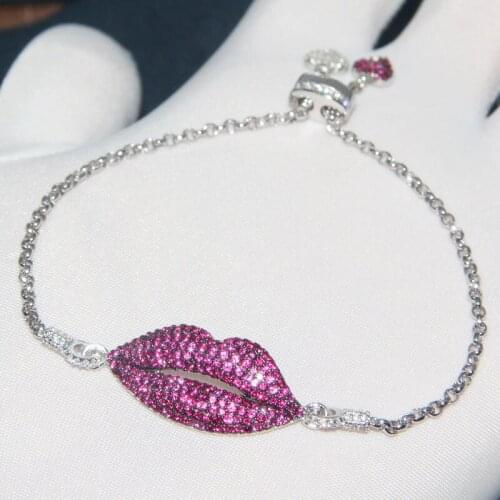 SLJELY 925 Sterling Silver Fashion Sexy Red Lip Bracelet with Double Hearts Ending Women Cubic Zirconia Luxury Brand Jewelry