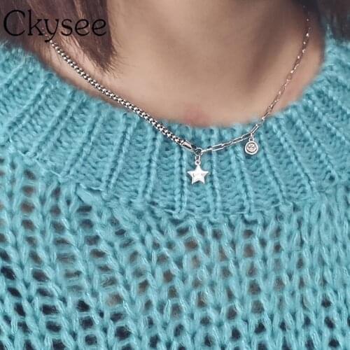 Ckysee New Real 925 Sterling Silver Fashion Star Smiley Necklace Clavicle Chain For Fashion Women Minimalist Fine Charms Jewelry