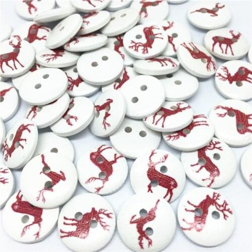 100pcs 15mm Red Reindeers Mixed Painted Round Wood Buttons Scrapbooking Decorative 2 Holes Christmas Button Crafts Sewing