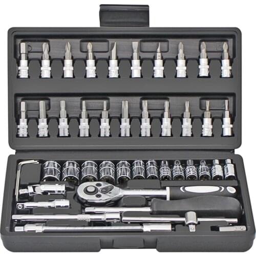 46pcs Socket Set Quick Ratchet Casing Wrench Repair Screwdriver Combination Toolbox Slotted Cross Batch Head Car Repair Tool Kit