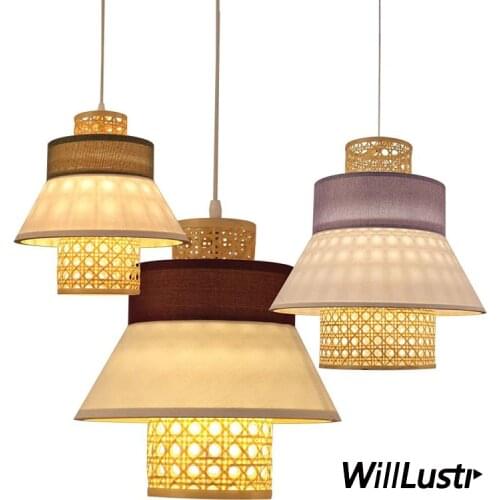 Japan Style Bamboo Pendant Lamp Purple Blue Green Fabric Hotel Restaurant Lounge Bedside Dining Room Suspension Hanging Lighting