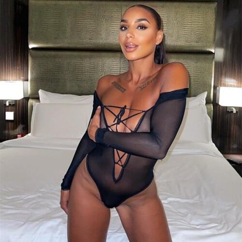 BKLD New Fishnet Sexy Club Outfits Lace Up Deep V-Neck Hollow Out Off The Shoulder See Through Mesh Bodysuit Tops Women 2021