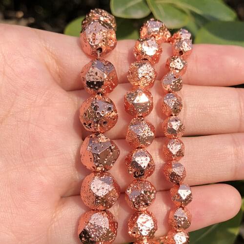 Faceted Rose Gold Volcanic Mineral Bead Natural Lava Round Loose Stone Beads for Jewerly Making DIY Bracelets 15inch 6-12mm