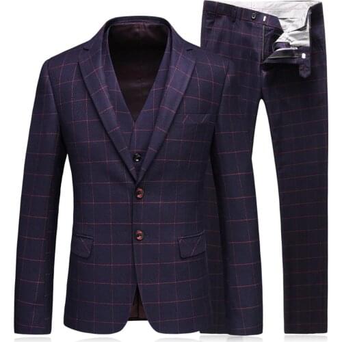 Custom Made Handsome Two Buttons Purple/Blue Plaid Groom Tuxedos Notch Lapel Best Men Wedding Suits 3 Pieces(Blazer+Vest+Pants)