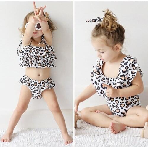 Qunq Summer Toddler Girls Swimsuits Leopard Print Two Piece Bathing Suit Summer Kids Children Swimwear Beachwear With Headband