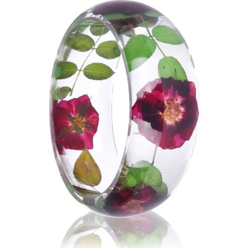 2019 Hot Sale Trendy Rose Resin Bangle Green Leaf Bracelet Real Dried Flower Handmade Bracelet Transparent Jewelry Girls