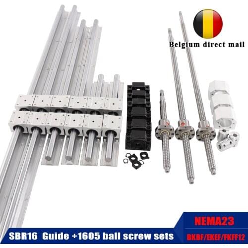 6PCS SBR16 linear guide12PCS SBR16UU slider SFU1605 ball screw nut seat + BKBF12 EKEF12 FKFF12 support seat NEMA23 motor