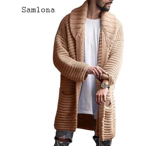 Samlona Plus Size 4xl Men Autumn New Knitting Sweaters Winter Long Coats Mens Patchwork Top Cardigans Pocket Design Sweater 2021