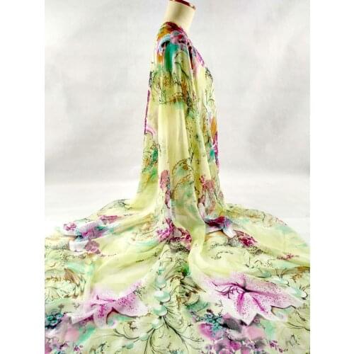 New Designer 100% Pure Natural Mulberry Silk Chiffon Fabric Light Yellow Flowers Print Shirt Cloth Decoration Scarf Wide Tissu