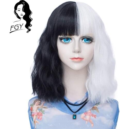 FGY Half Black Half White Two-color Short Roll Water Wave Synthetic Band Bangs Wig Lady Lolita Cosplay Halloween Wig Black Red