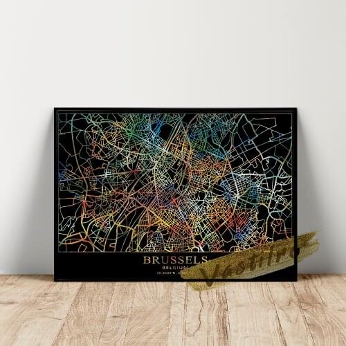 Brussels Map Crosswise Poster, Color Geography Location Wall Art, Belgium Capital Map Art Prints, Brussels Line Wall Painting