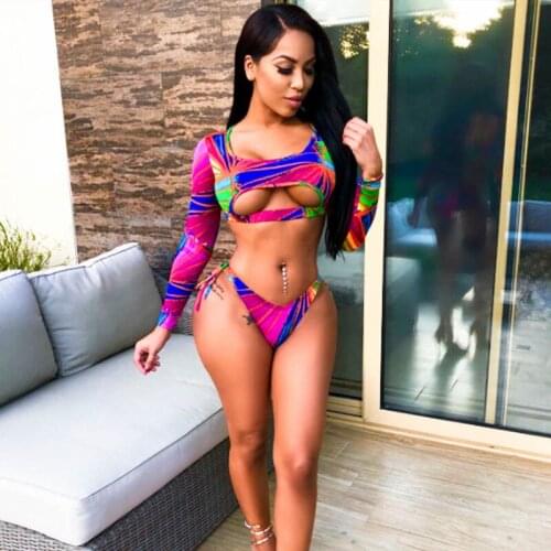 Sexy Women Two Pieces Bikini Set Printed Long Sleeve Hollow Swimsuit Push Up Ladies Swimwear Summer Bathing Suit Beachwear