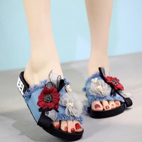 Lace bow-knot big flowers slippers girls open toe flat sandals women handmade lace floral flip flops fashion denim tassel slides