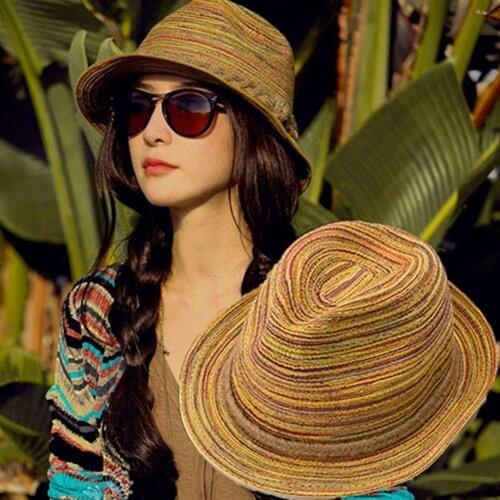 Women straw hat Summer Sun Hats Bohemia Style Straw Hats anti-shrink Foldable Striped Braided Rope Beach Sun Hat