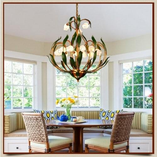Glass Flowers Green Leaves Chandeliers American Garden Artistic Suspension Lighting Living Room Art Deco Hanging Lamp