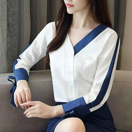 Spring Office Ladies Women V Neck Long Sleeve Bow Cardigan Chiffon Tops And Blouses , Korean Womens Blouse Shirt , Casual Tops