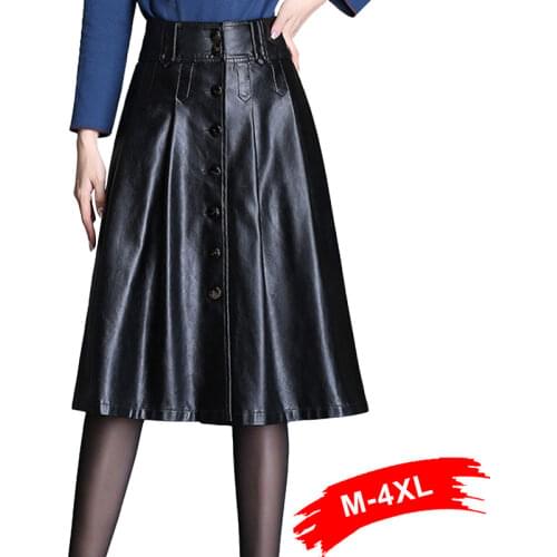 Single-breasted Front Plus Size A-line Pu Leather 5xl Autumn Winter High Waist Large Pendulum Midi Long Maxi Pleated Skirt