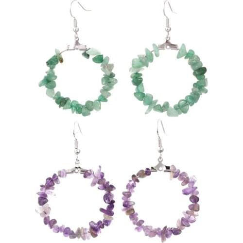 Round Shape Chip Stones Steel Wire Material Earrings for Women Tumbled Crystal Dangle Hook Earring Reiki Healing