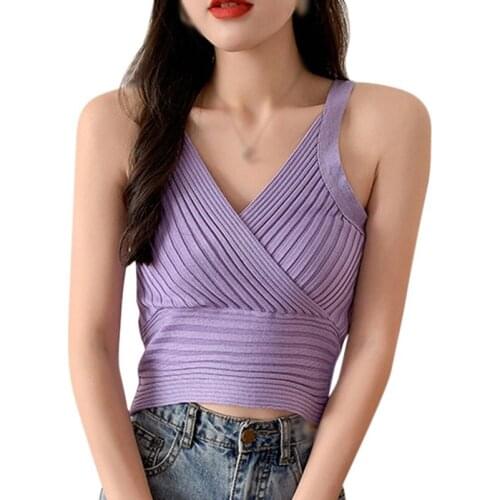 DAXIN Ladies V-neck Pit Strip Knitted All-match Sling Sleeveless Cross Top Halter Short Vest Summer Female Crop Top Ladies Camis