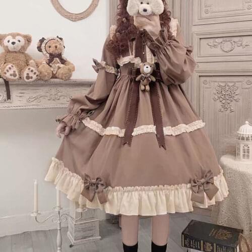 Women Dresses Lolita Caramel Teddy Bear Op Long Sleeve Daily Lolita Spot Spring Autumn 2021 Vestido De Mujer Femme Robe