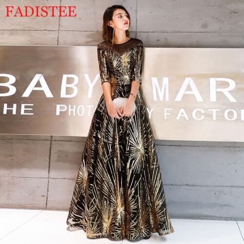 Robe De Soiree Evening Dress 2021 Gold Sequined Crystal O-Neck Black Floor-length Dinner Gowns Vestidos De Fiesta