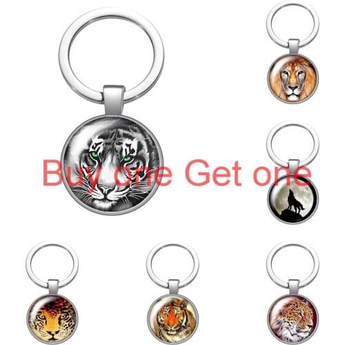 Animals Lion Tiger Leopard Face Beast Glass Cabochon Keychain Bag Car Key Rings Holder Silver Plated Key Chains Men Women Gifts