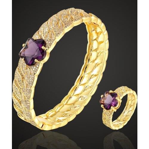 Zlxgirl purple cubic zircon Flower wedding bangle jewelry sets oval metal copper Bracelets & ring sets For Women couple gift