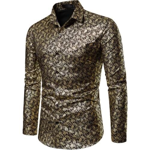 Gold Fashion Shirt Men Stamping Printing Lapel Collar Shirts Long Sleeve Cotton Tops gold printing breathable Shirt Clothing
