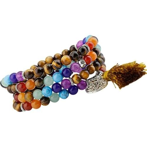 108 Meditation Green Aventurine Lava Stone Multi-layer Bracelets 7 Chakra Yoga Balance Natural Round Mala Bead Life Tree Healing