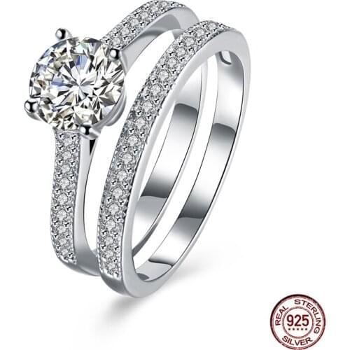 2018 Classic Real Solid 925 Sterling Silver Ring set 1.5Ct 8 Hearts Arrows Zircon Wedding Jewelry Rings Engagement For Women